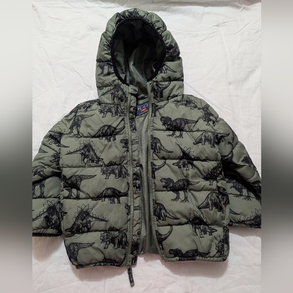 Children's Place Puffer jacket, Boys Size 4T. Olive Green Dino Print